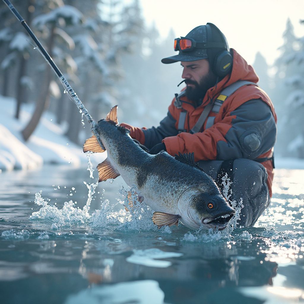 Angler on frozen lake